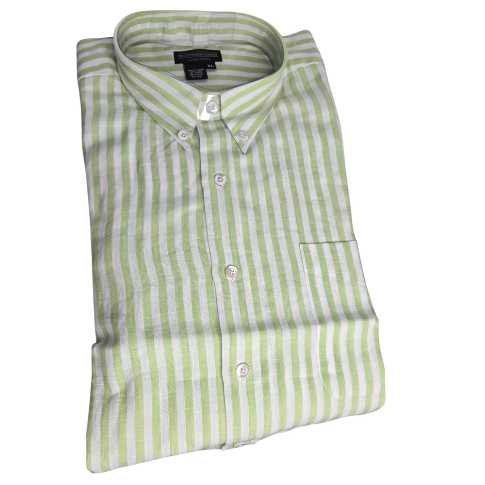 J. Peterman Men Green Stripe Button Down Linen Long Sleeve Shirt Sz XL Casual